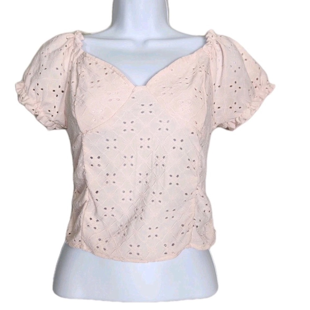 Womens Pink‎ Eyelet Puff Sleeve Milkmaid Crop Top Cottagecore Coquette Sz Large